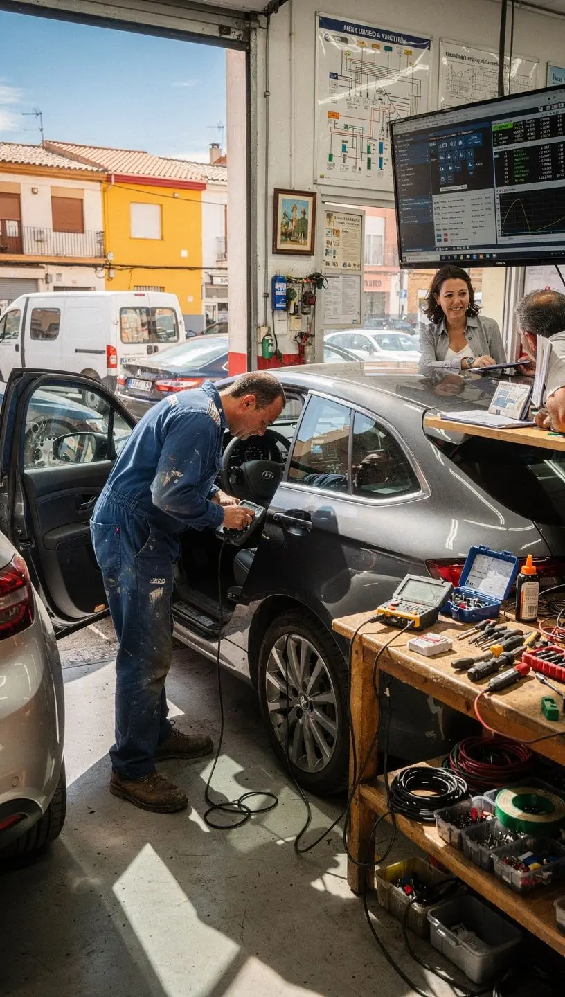 Especialista explicando al cliente el informe detallado de diagnóstico electrónico del coche