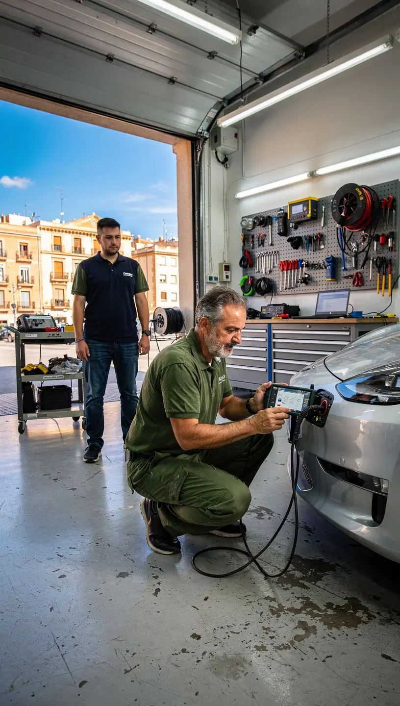 Vista cercana de un multímetro digital midiendo la tensión en el sistema eléctrico del vehículo