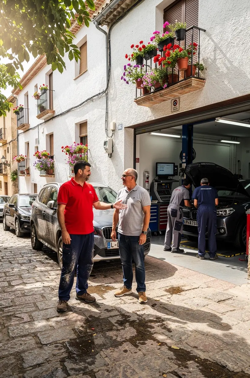 Interior de un taller de reparación eléctrica con herramientas especializadas y vehículos en revisión